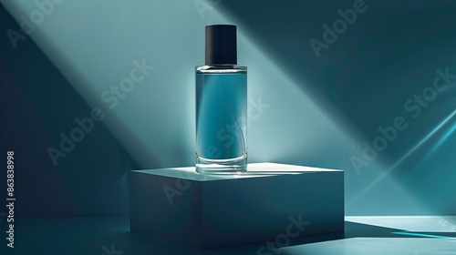 Blue Perfume Bottle on White Platform