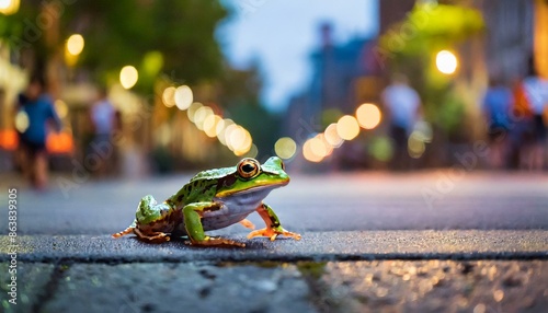 Colourful frog jumping on the side walk of a busy street photo