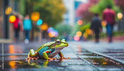 Colourful frog jumping on the side walk of a busy street photo