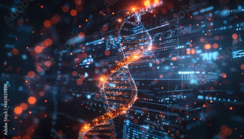 A glowing, digital DNA strand against a background of glowing blue and red lights. The image evokes a sense of science, technology, and the future.