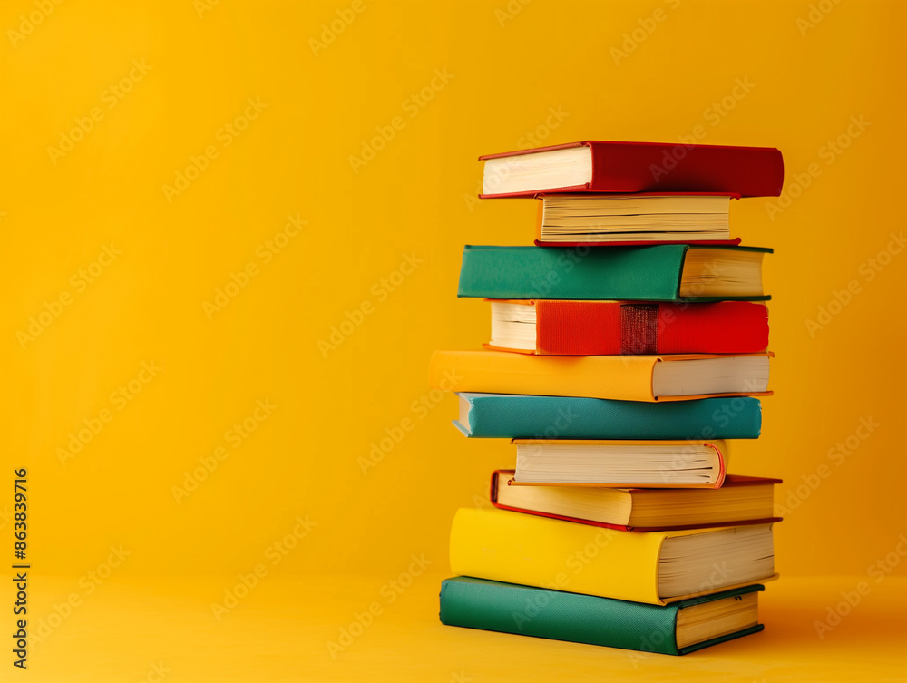 Literary Richness: Vibrant Stack of Hardcover Books on Golden Yellow Literary Richness: Vibrant Stack of Hardcover Books on Golden Yellow