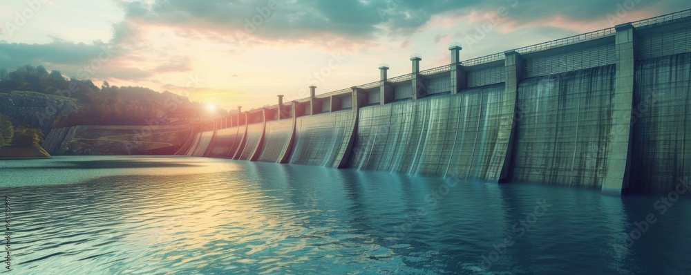A side view of a hydroelectric dam under a serene sky, reflecting on the calm water. A side view of a hydroelectric dam under a serene sky, reflecting on the calm water.
