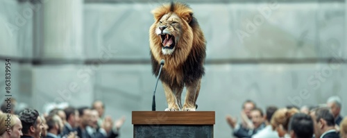 A lion standing on a podium, roaring with a triumphant expression, surrounded by people.