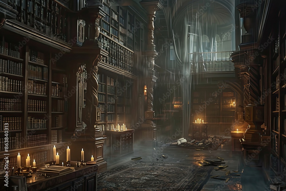 A spooky library filled with ancient books, flickering candles, and ghostly apparitions, creating an eerie and mysterious atmosphere A spooky library filled with ancient books, flickering candles, and ghostly apparitions, creating an eerie and mysterious atmosphere