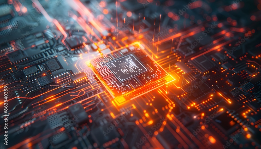 A computer chip with glowing orange lines on a motherboard. A computer chip with glowing orange lines on a motherboard.