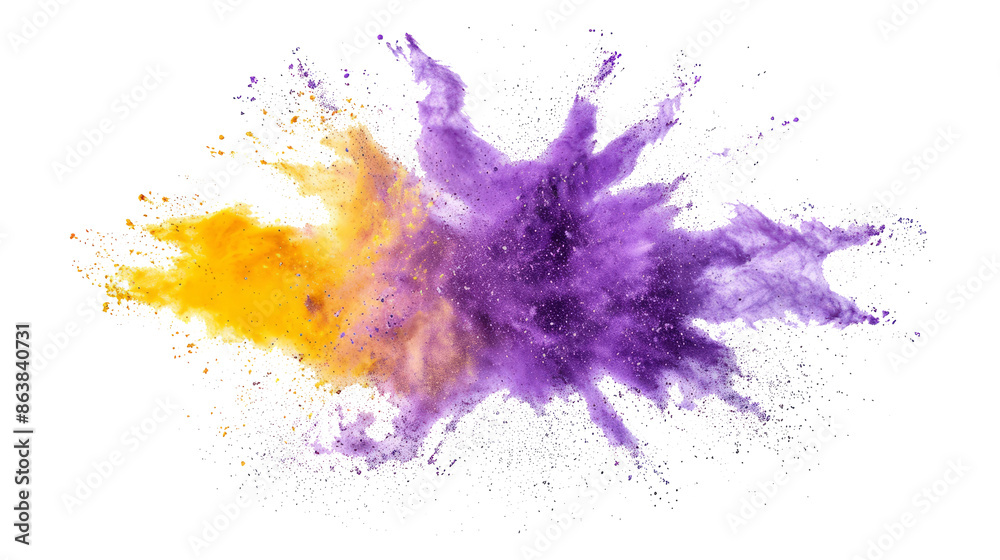bright purple and yellow paint color powder festival explosion burst isolated white background. bright purple and yellow paint color powder festival explosion burst isolated white background.
