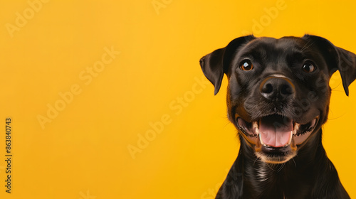 Cheerful dog with a big smile on a vibrant yellow background and copy space. Bright and happy.