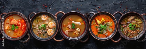 Asian Soups Set with Kespe Soup, Kullama or Beshbarmak, Fish Soup Bouillabaisse photo