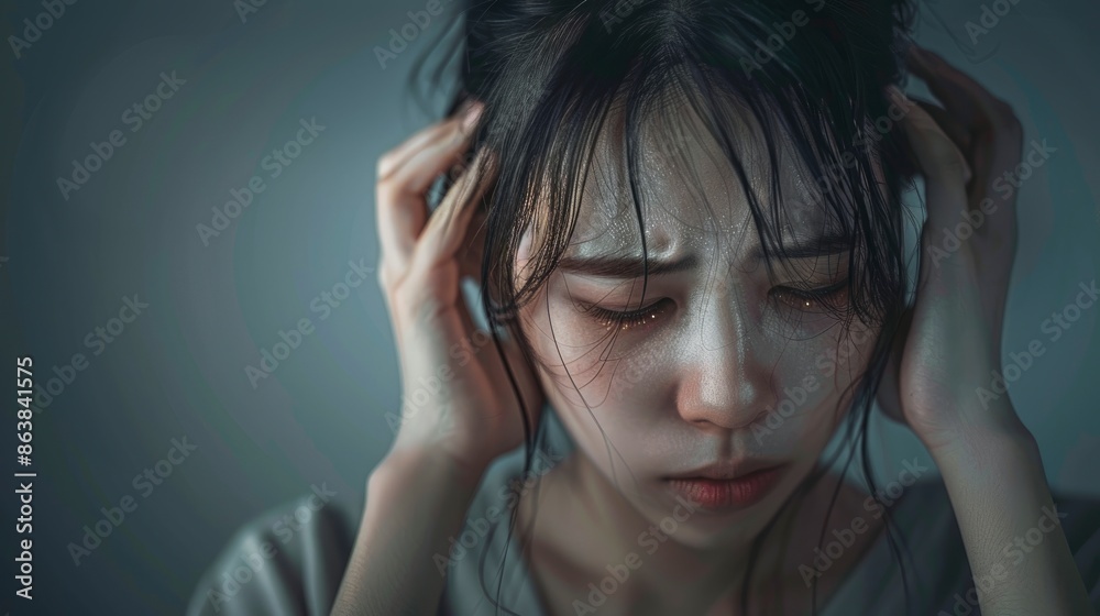 A Stressed Asian Woman With A Headache, Feeling Upset And Depressed, Her Face Reflecting Her Struggles A Stressed Asian Woman With A Headache, Feeling Upset And Depressed, Her Face Reflecting Her Struggles