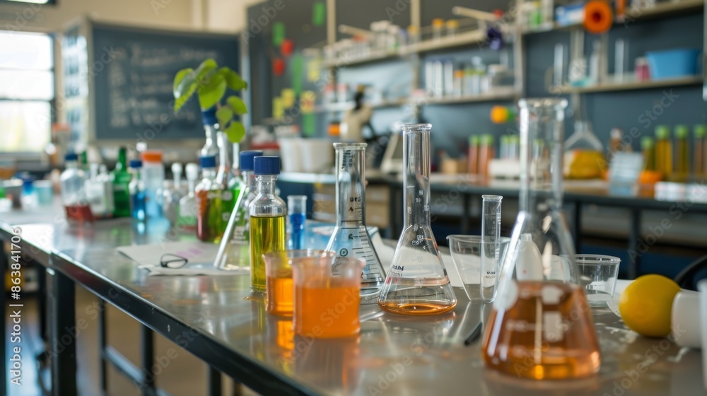 A science lab with beakers, microscopes, and experiments in progress, showcasing a hands-on and practical learning environment.