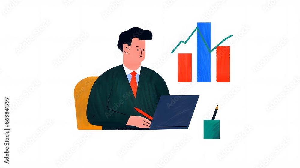 Illustration of a businessman working on a laptop with bar and line charts, representing business analysis and data management. Illustration of a businessman working on a laptop with bar and line charts, representing business analysis and data management.