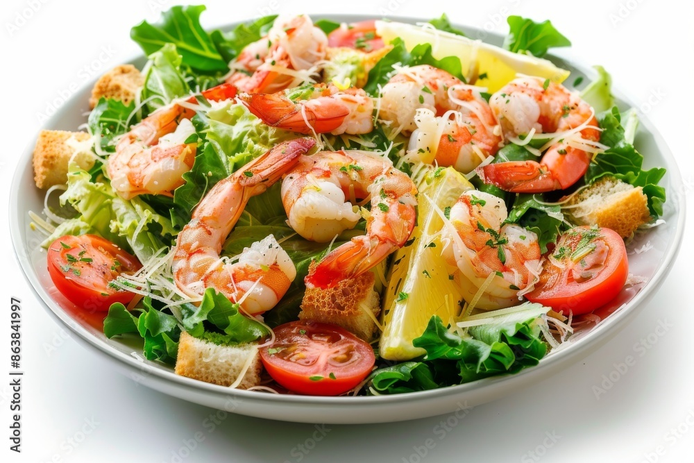 Caesar Salad, Cesar Salat or Barbecue Shrimps Ceasar with Green Lettuce, Grated Parmesan Cheese Caesar Salad, Cesar Salat or Barbecue Shrimps Ceasar with Green Lettuce, Grated Parmesan Cheese