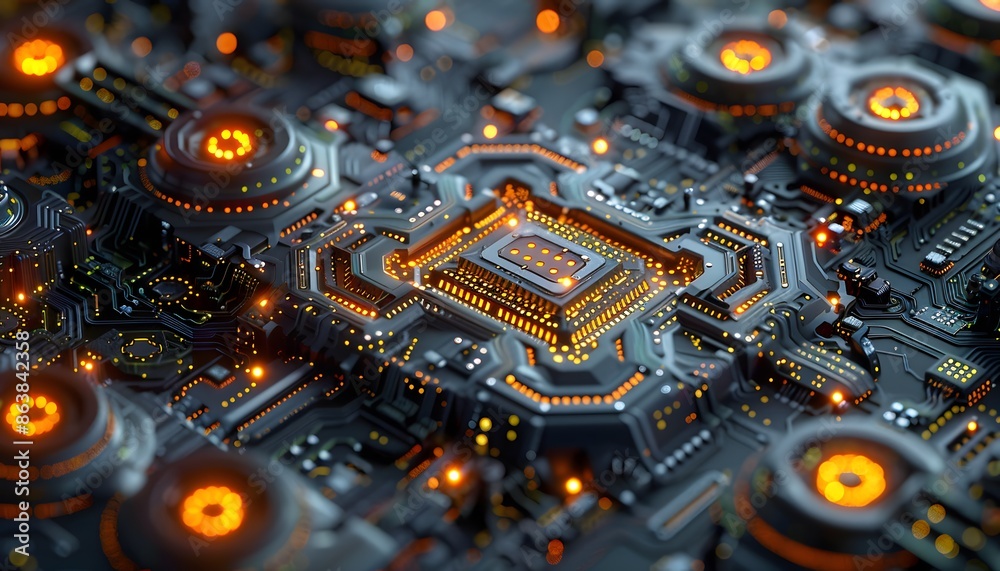 A close-up of a futuristic circuit board with glowing orange lights. The image evokes a sense of technology, power, and innovation. A close-up of a futuristic circuit board with glowing orange lights. The image evokes a sense of technology, power, and innovation.