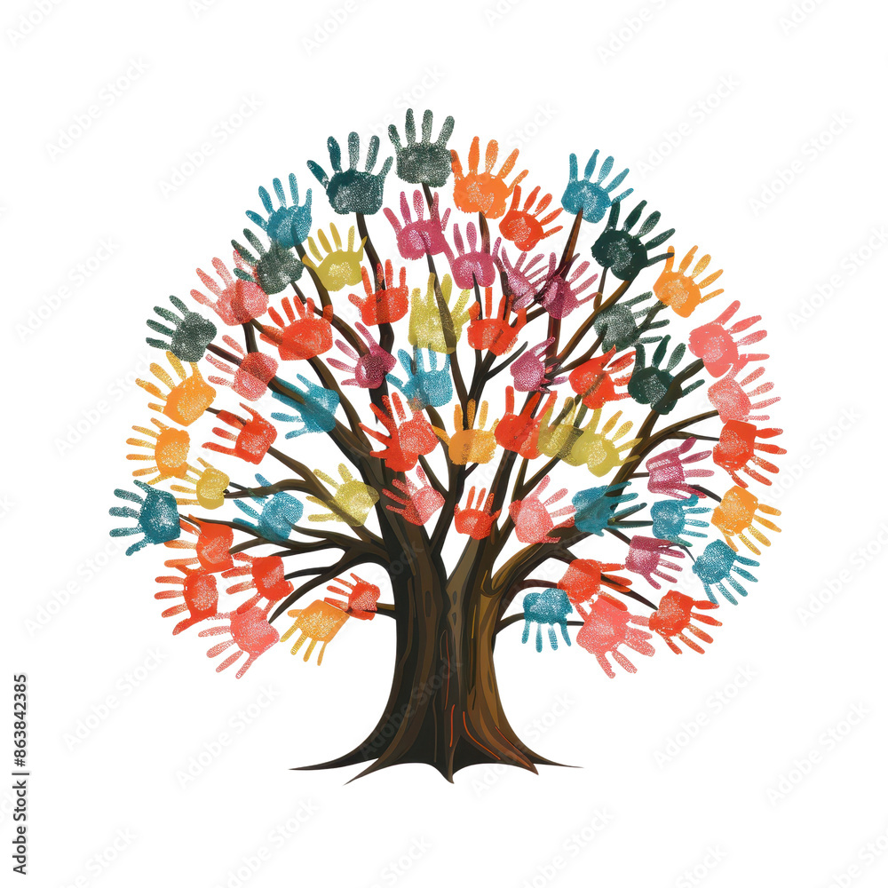 Naklejka premium A vibrant tree illustration composed of colorful handprints as leaves, symbolizing diversity and unity. Perfect for educational and social themes.