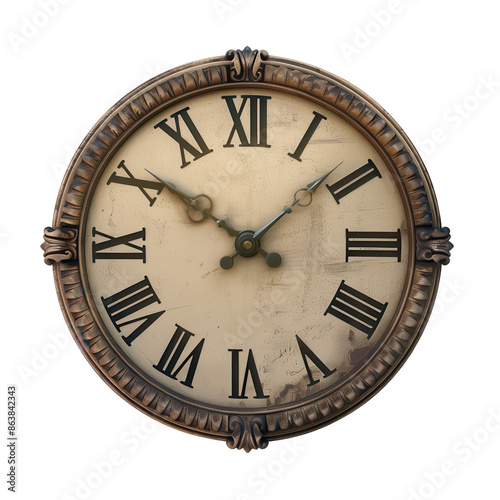 Antique wall clock with Roman numerals, aged patina, and elegant ornate detailing, perfect for vintage decor and historical ambiance.
