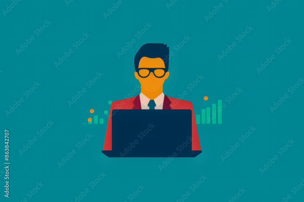 Illustration of a person with a laptop, symbolizing data analysis and technology against a teal background with bar graph elements. Illustration of a person with a laptop, symbolizing data analysis and technology against a teal background with bar graph elements.