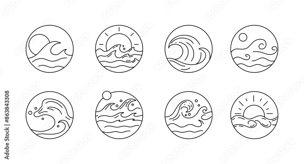 Line waves circle. Outline marine round icons, emblem logo or badge design. Minimal illustration. Sea ocean summer vacation. Pictogram water streams. minimalistic symbol. Vector isolated illustration Line waves circle. Outline marine round icons, emblem logo or badge design. Minimal illustration. Sea ocean summer vacation. Pictogram water streams. minimalistic symbol. Vector isolated illustration