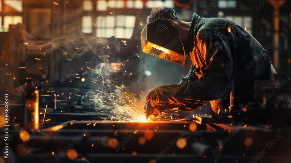 A Welder Working In A Workshop, Sparks Flying And Illuminating His Determined Expression A Welder Working In A Workshop, Sparks Flying And Illuminating His Determined Expression