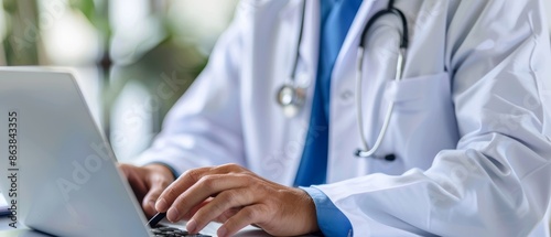 Doctor using laptop computer at desk.