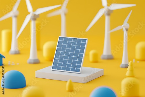 Miniature models of solar panel and wind turbines on a vibrant yellow background, representing renewable energy and sustainable technology. photo