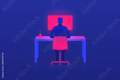 Minimalist digital art of a person working at a computer desk at night with neon blue and pink lighting.