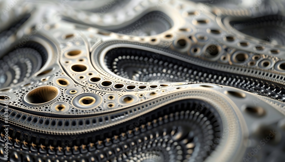 Obraz premium A close-up shot of a metallic, textured surface with circular and geometric patterns. The surface has a metallic sheen and appears to be made of multiple layers.