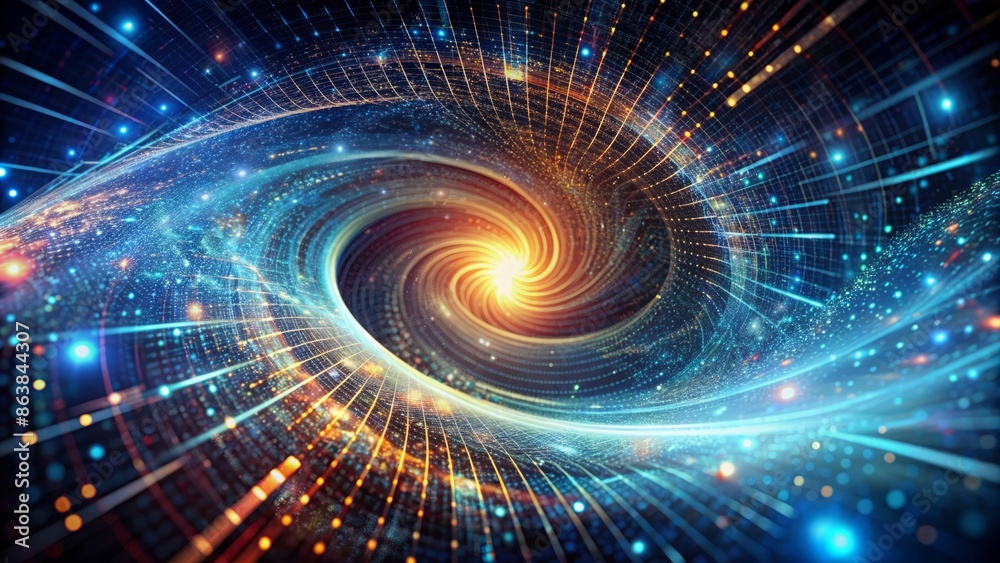 Obraz premium Futuristic digital vortex with glowing neural networks, swirling data streams, and encrypted code fragments on a dark gradient background.