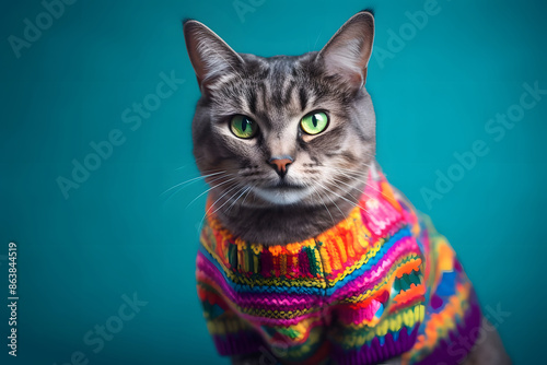 Cute cat with colorful jumper