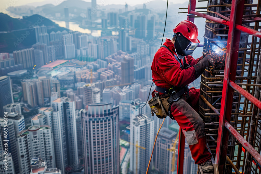 High above the ground on a partially constructed high-rise building, a construction worker in a red working suit and safety helmet is welding iron beams. The worker is securely har High above the ground on a partially constructed high-rise building, a construction worker in a red working suit and safety helmet is welding iron beams. The worker is securely har