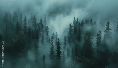 A dense forest shrouded in mist. The trees are tall and dark, and the fog creates an eerie and mysterious atmosphere. The scene is dark and somber, with a sense of foreboding.