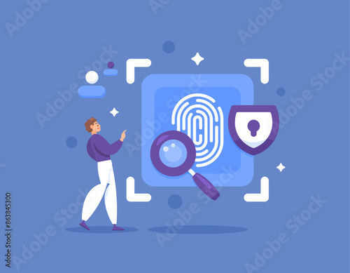 security and biometrics. user scanning via fingerprint. protection system. identification for permissions and access. authentication and verification. illustration concept design. graphic elements