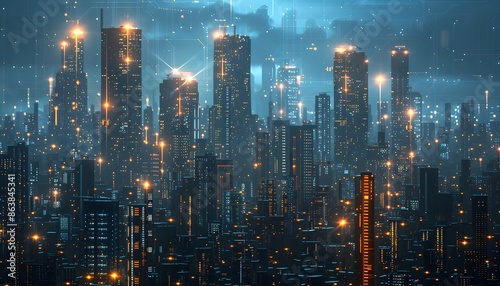 Wallpaper Mural A digital rendering of a futuristic city at night with glowing lines and lights. Torontodigital.ca