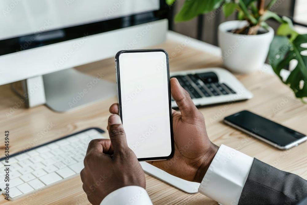 Mockup of a man's hands holding smart phone with blank white screen while sitting at the wooden table in modern office Mockup of a man's hands holding smart phone with blank white screen while sitting at the wooden table in modern office