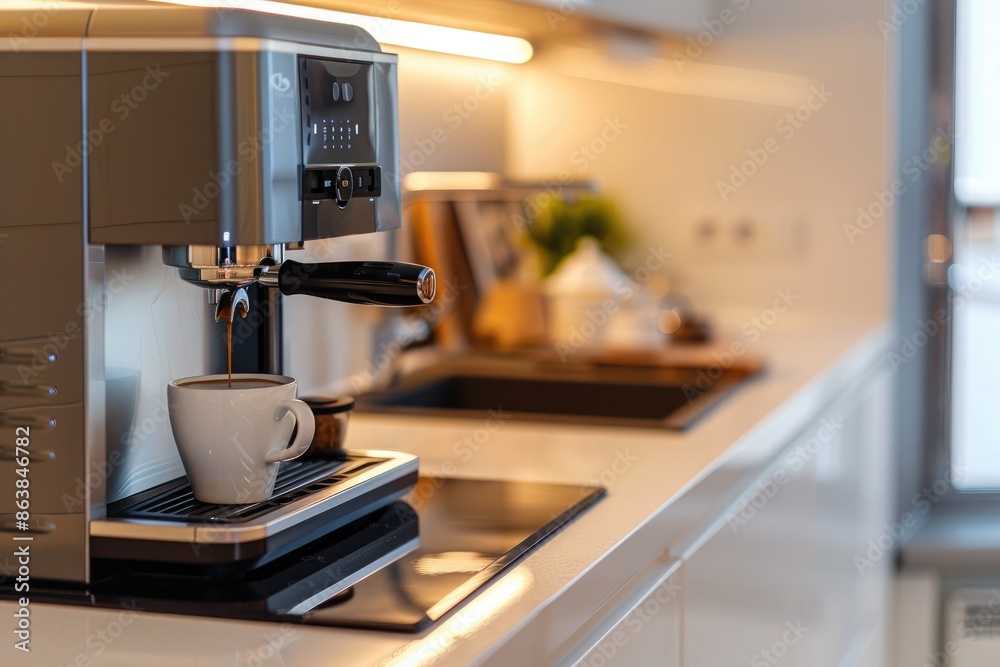 Coffee machine with cup of coffee on table in modern kitchen Coffee machine with cup of coffee on table in modern kitchen