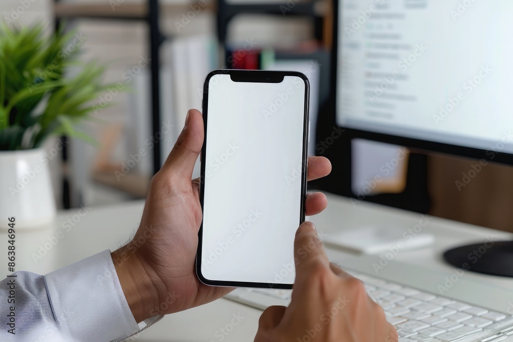 Mockup of a man's hands holding smart phone with blank white screen while sitting at the wooden table in modern office Mockup of a man's hands holding smart phone with blank white screen while sitting at the wooden table in modern office