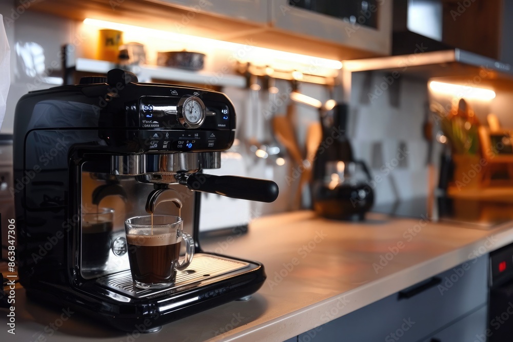 Coffee machine with cup of coffee on table in modern kitchen Coffee machine with cup of coffee on table in modern kitchen