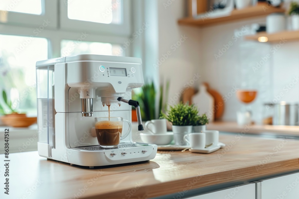Coffee machine with cup of coffee on table in modern kitchen Coffee machine with cup of coffee on table in modern kitchen