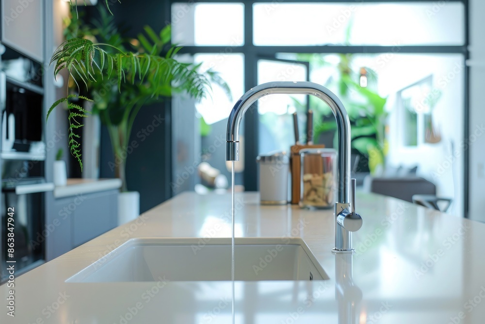 Modern kitchen interior with sink and faucet Modern kitchen interior with sink and faucet