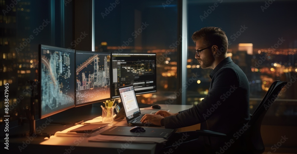 Software developer coding in modern office at night, focused lighting.