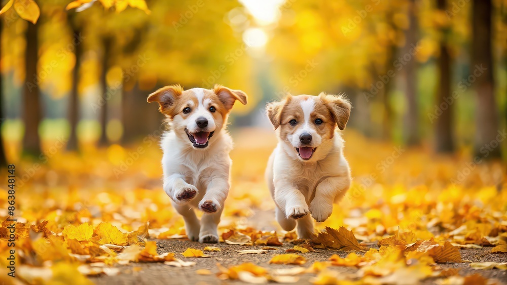 Two adorable puppies happily running on a park path covered in yellow leaves, puppies, dogs, cute, adorable, park, path Two adorable puppies happily running on a park path covered in yellow leaves, puppies, dogs, cute, adorable, park, path