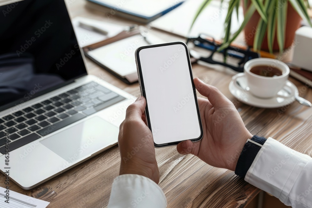 Mockup of a man's hands holding smart phone with blank white screen while sitting at the wooden table in modern office Mockup of a man's hands holding smart phone with blank white screen while sitting at the wooden table in modern office