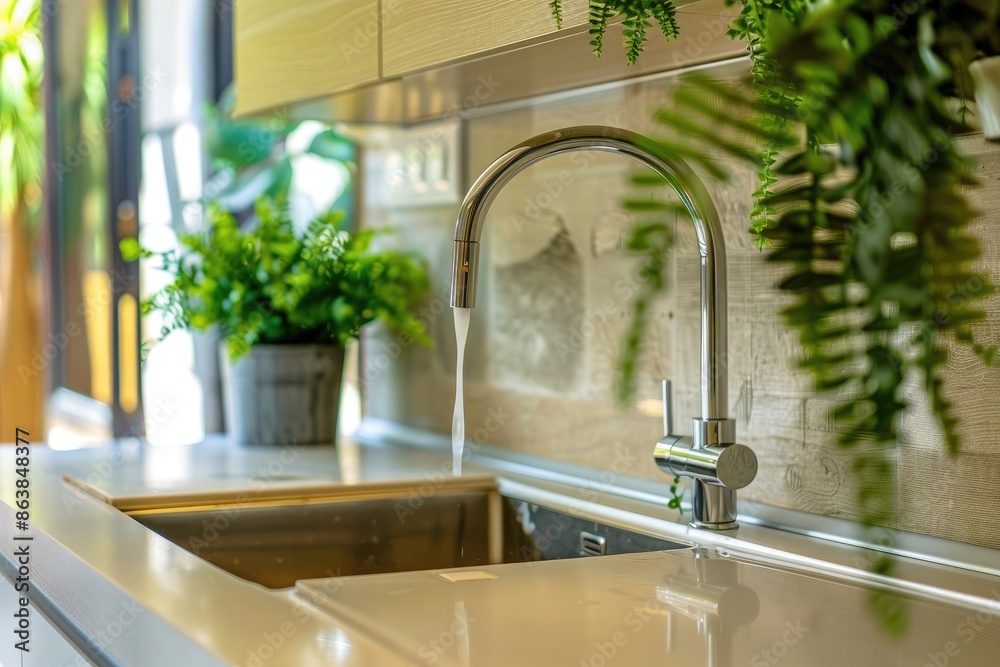 Modern kitchen interior with sink and faucet Modern kitchen interior with sink and faucet