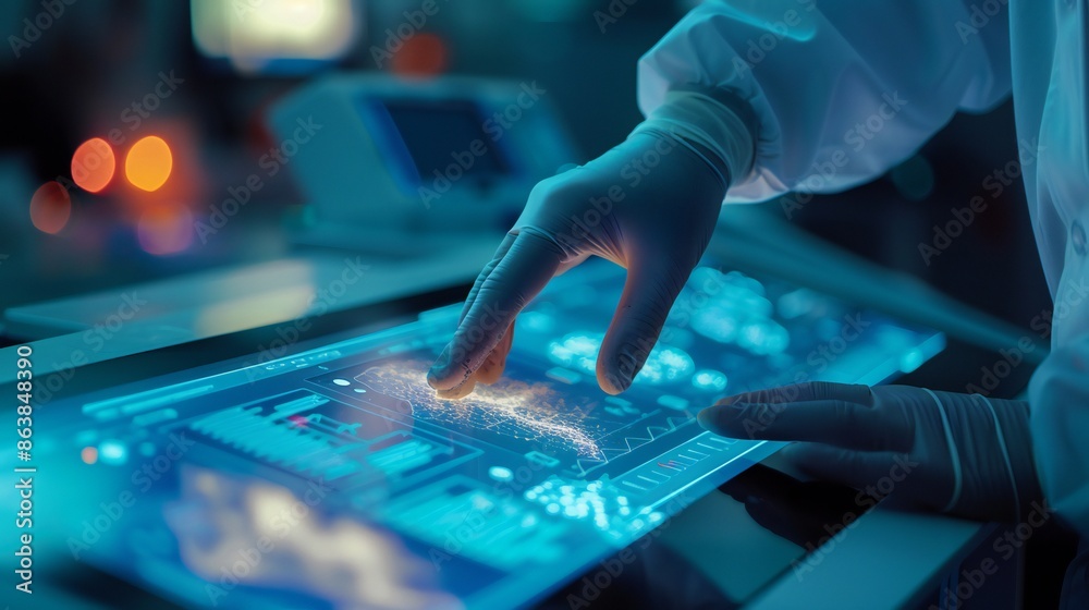 doctora??s hand on machinea??s touch screen. doctora??s hand on machinea??s touch screen.