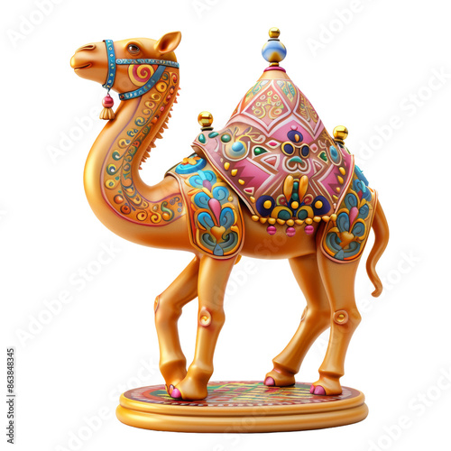 Colorful, ornate camel figurine with intricate patterns and vibrant colors, designed in a charming, artistic style. cut out. PNG. transparent background.