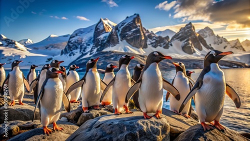 A colony of adorable penguins congregate on rugged rocky outcrops, their tuxedo-feathered bodies glistening in the sunlight, Antarctic landscape stretching behind them serenely. photo