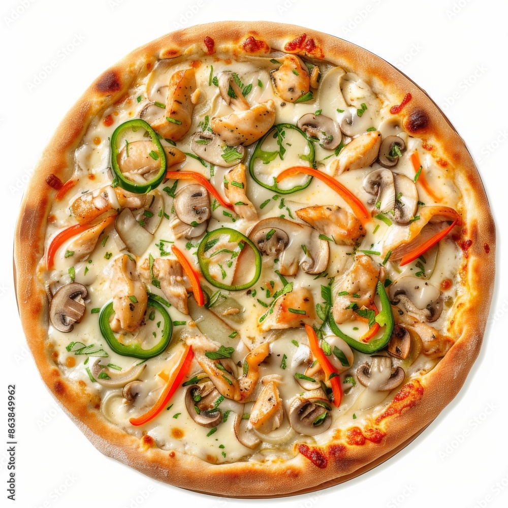 Creamy Pizza with Cervelat, Tartar Sauce, Chicken Fillet, Sliced Mushrooms, Sweet Pepper Creamy Pizza with Cervelat, Tartar Sauce, Chicken Fillet, Sliced Mushrooms, Sweet Pepper