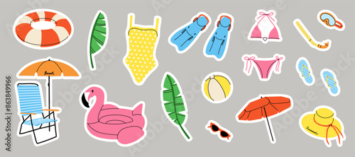 Summer beach stickers. Umbrella, sun lounger, inflatable ring and ball. Swimsuit hat and glasses. Fins and diving mask. Summertime holiday. Sea vacation, vector cartoon flat isolated illustration