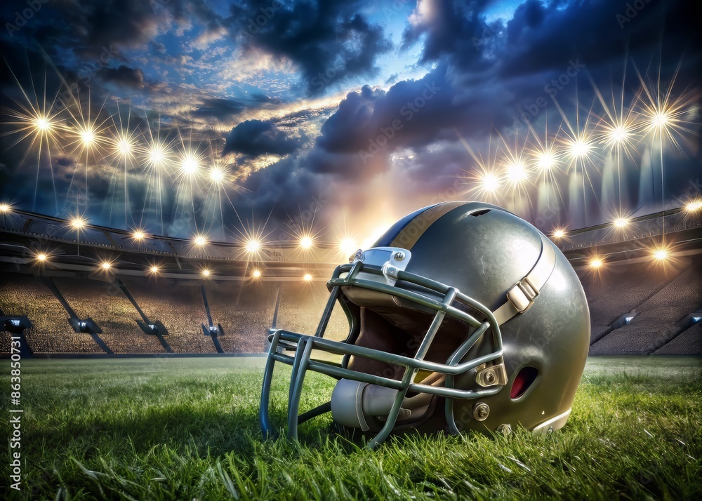 A helmet and shoulder pads lie abandoned on the grassy field, illuminated by the bright stadium lights, evoking the intensity of an ongoing American football game.