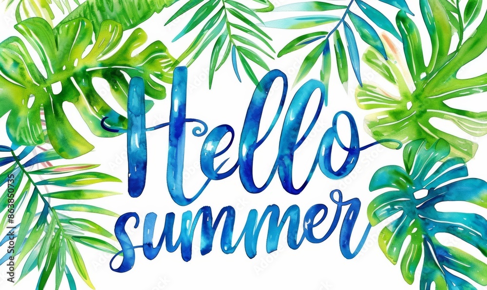 Obraz premium Abstract background with abstract flowers. Hello Summer - modern calligraphy lettering. Summer concept background.