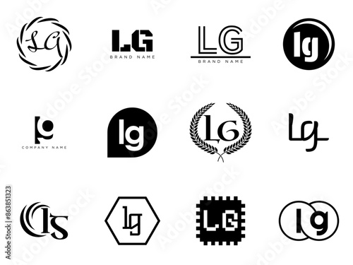LG logo company template. Letter l and g logotype. Set different classic serif lettering and modern bold text with design elements. Initial font typography.